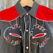 Load image into Gallery viewer, 1990&#39;s Vintage Kid&#39;s Western Shirt Black Red Embroidered Snaps Long Sleeve Sz S - OOAK - Phoenix Menswear