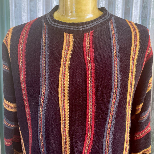 1990's Vintage Knit Jumper Chenile Vertical Stripes Navy Red Yellow Sz XXL - OOAK - Phoenix Menswear