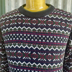 1990's Vintage Knit Jumper Zig Zag Stripes Navy Red Green White Pullover Sz M - OOAK - Phoenix Menswear