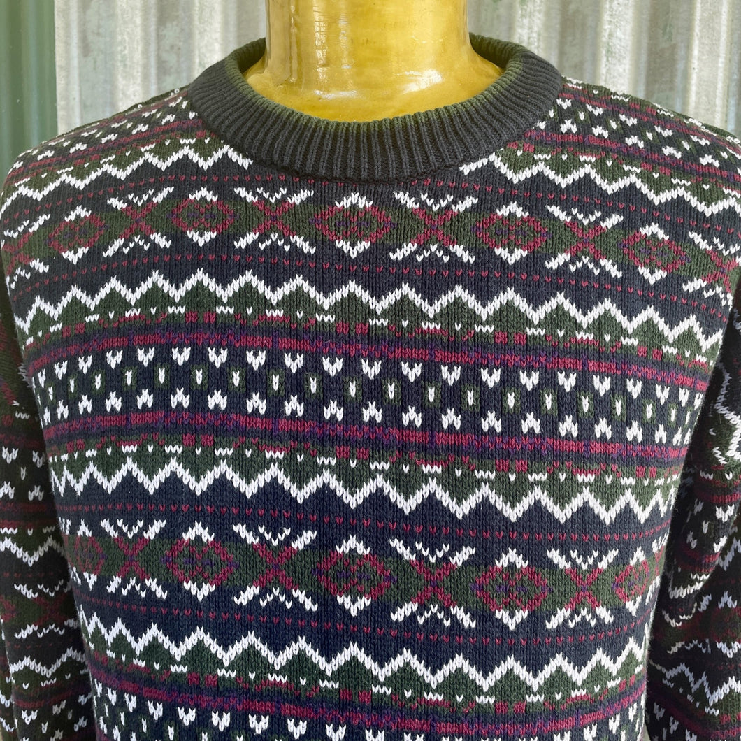 1990's Vintage Knit Jumper Zig Zag Stripes Navy Red Green White Pullover Sz M - OOAK - Phoenix Menswear