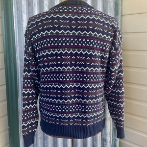 1990's Vintage Knit Jumper Zig Zag Stripes Navy Red Green White Pullover Sz M - OOAK - Phoenix Menswear