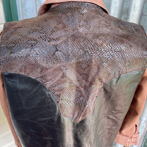 1990s Vintage Lambskin Leather Vest Brown Faux Snakeskin Snaps Sz XXL - OOAK - Phoenix Menswear