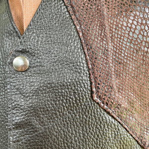 1990s Vintage Lambskin Leather Vest Brown Faux Snakeskin Snaps Sz XXL - OOAK - Phoenix Menswear