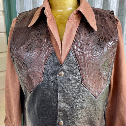 1990s Vintage Lambskin Leather Vest Brown Faux Snakeskin Snaps Sz XXL - OOAK - Phoenix Menswear
