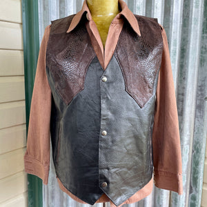 1990s Vintage Lambskin Leather Vest Brown Faux Snakeskin Snaps Sz XXL - OOAK - Phoenix Menswear