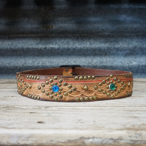 1990's Vintage Leather Belt with Colourful Gem Detail Sz S - OOAK - Phoenix Menswear