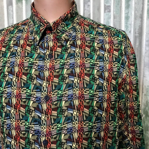 1990's Vintage L/S Shirt Abstract Design Green Red Blue Sz XXL - OOAK - Phoenix Menswear