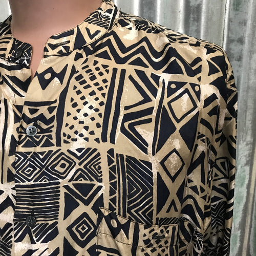 1990's Vintage L/S Silk Shirt Abstract Print Mandarin Collar Sz XXL - OOAK - Phoenix Menswear