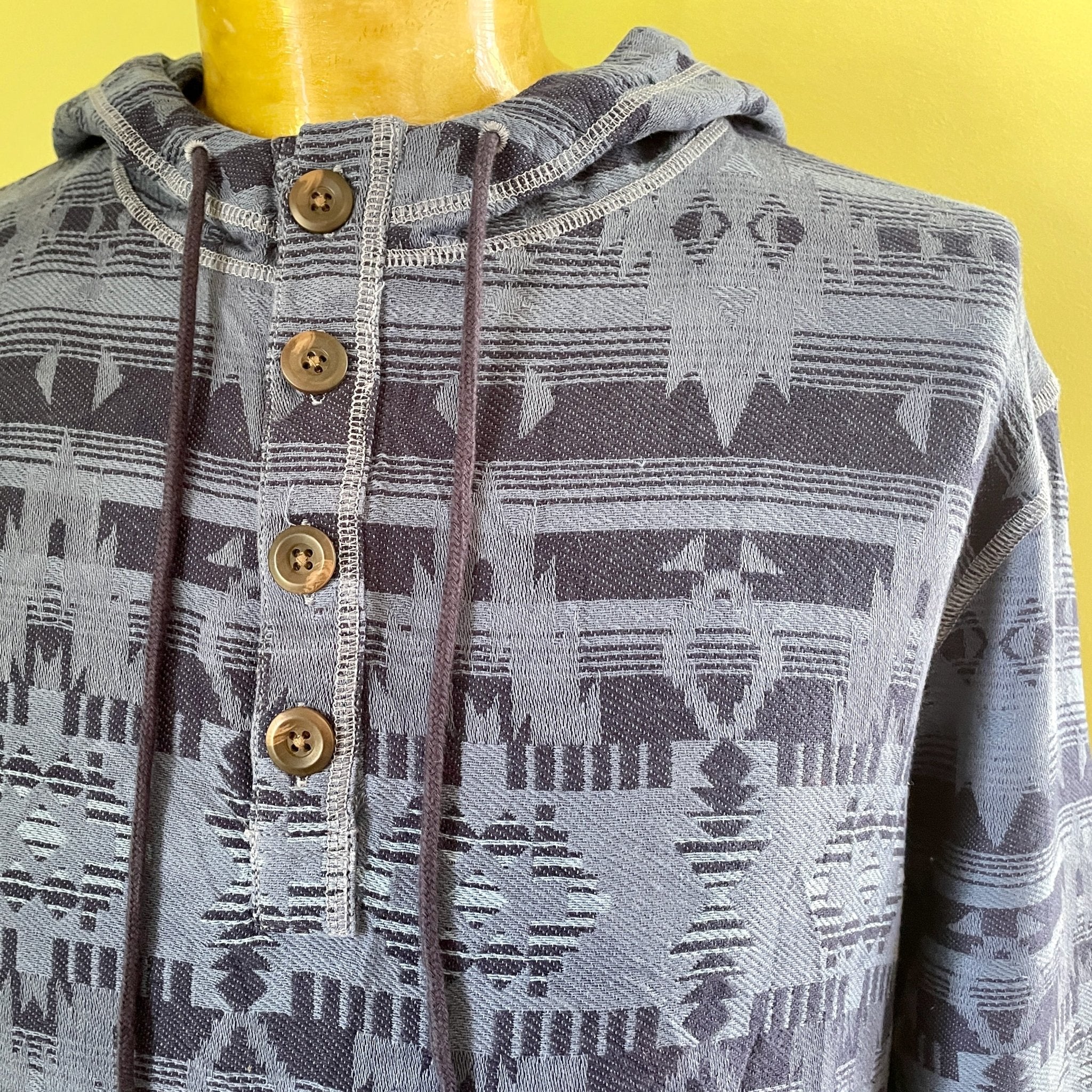 1990 s Vintage Lucky Brand Aztec Hoodie Shirt Blue Sz L OOAK