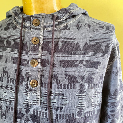 1990's Vintage Lucky Brand Aztec Hoodie Shirt Blue Sz L - OOAK - Phoenix Menswear