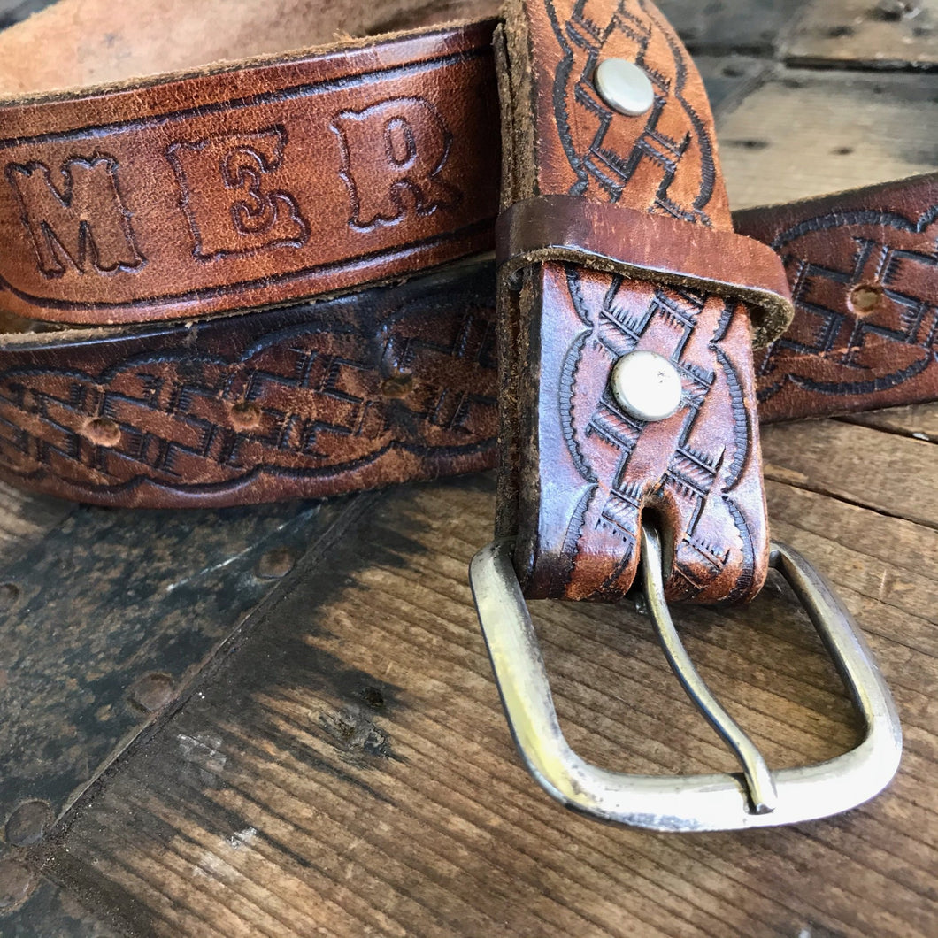 1990's Vintage Merrick Leather Belt Brown Sz M - OOAK - Phoenix Menswear