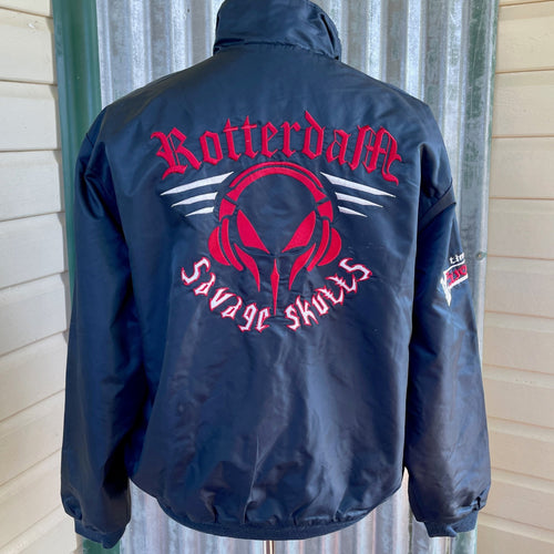 1990's Vintage Navy Bomber Jacket 'Rotterdam Savage Skulls' Sz XL - OOAK - Phoenix Menswear