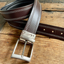 Load image into Gallery viewer, 1990&#39;s Vintage Nike Brown Leather Belt White Top Stitching Chunky Buckle Sz M - OOAK - Phoenix Menswear