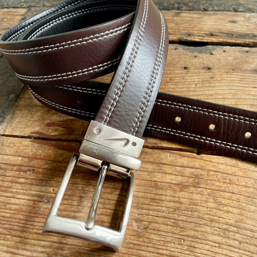 1990's Vintage Nike Brown Leather Belt White Top Stitching Chunky Buckle Sz M - OOAK - Phoenix Menswear