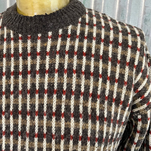 1990's Vintage Nordic Knit Jumper Crew Neck Pullover Grey Rust Cream Stripe Sz XL - OOAK - Phoenix Menswear