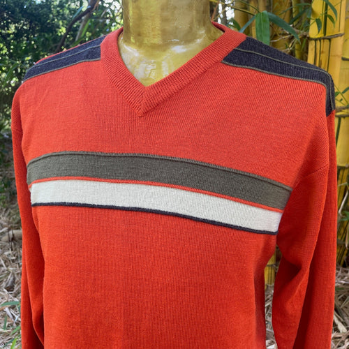 1990's Vintage Orange Wool Blend Jumper Sporty Stripes Sz M - OOAK - Phoenix Menswear