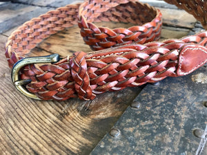 1990's Vintage Plaited Leather Belt Red Brown Sz M - OOAK - Phoenix Menswear