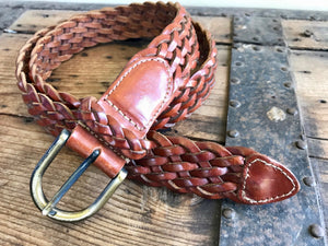 1990's Vintage Plaited Leather Belt Red Brown Sz M - OOAK - Phoenix Menswear