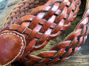 1990's Vintage Plaited Leather Belt Red Brown Sz M - OOAK - Phoenix Menswear