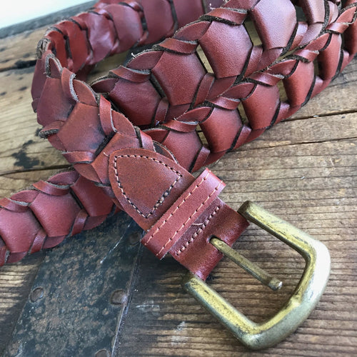 1990's Vintage Plaited Leather Belt Red Brown Sz XL - OOAK - Phoenix Menswear