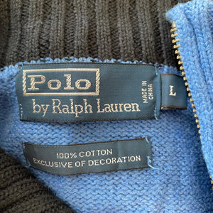 1990's Vintage Polo Ralph Lauren Sky Blue Cotton Jumper Pullover Zip Sz L - OOAK - Phoenix Menswear