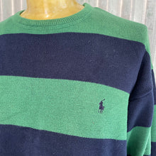 Load image into Gallery viewer, 1990&#39;s Vintage Ralph Lauren Polo Golf Cotton Jumper Green Navy Blue Stripe Crew Neck Pullover Sz L - OOAK - Phoenix Menswear