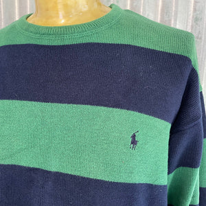 1990's Vintage Ralph Lauren Polo Golf Cotton Jumper Green Navy Blue Stripe Crew Neck Pullover Sz L - OOAK - Phoenix Menswear