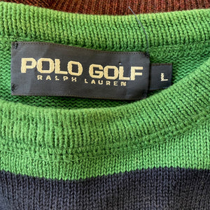 1990's Vintage Ralph Lauren Polo Golf Cotton Jumper Green Navy Blue Stripe Crew Neck Pullover Sz L - OOAK - Phoenix Menswear