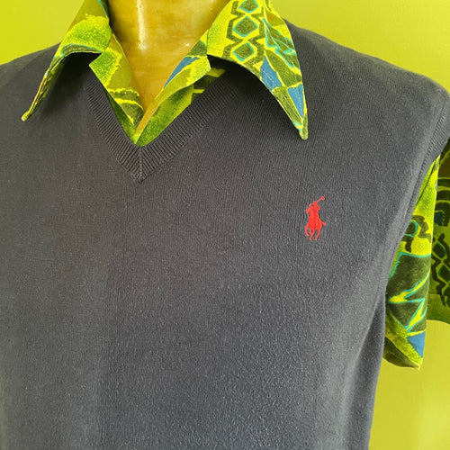 1990's Vintage Ralph Lauren Polo Navy Cotton Knit Vest Sz M - OOAK - Phoenix Menswear