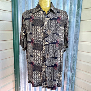 1990's Vintage Rayon Indonesian Shirt Brown Beige Cream Patchwork Look Floral Paisley S/S Sz L - OOAK - Phoenix Menswear
