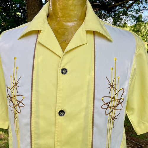 1990's Vintage Retro 1950's Style Embroidered Yellow White S/S Shirt Sz XS - OOAK - Phoenix Menswear