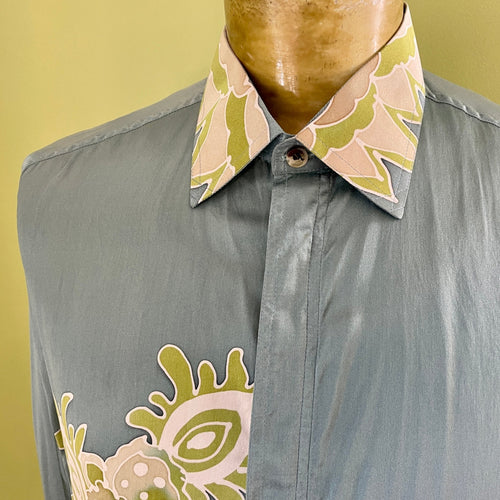 1990's Vintage Silk Shirt Pale Blue Floral Print L/S Sz L - OOAK - Phoenix Menswear