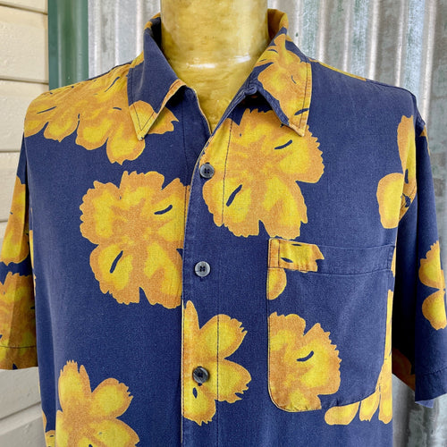 1990's Vintage Silk S/S Shirt Blue Yellow Bold Floral Sz L - OOAK - Phoenix Menswear