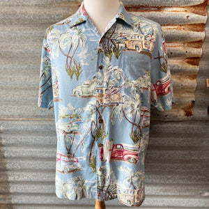 1990's Vintage S/S Hawaiian Shirt in Light Blue with Classic Car Print in Sz L - OOAK - Phoenix Menswear