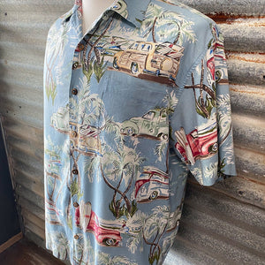 1990's Vintage S/S Hawaiian Shirt in Light Blue with Classic Car Print in Sz L - OOAK - Phoenix Menswear