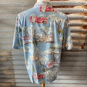 1990's Vintage S/S Hawaiian Shirt in Light Blue with Classic Car Print in Sz L - OOAK - Phoenix Menswear