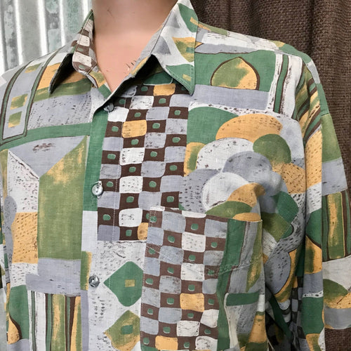 1990's Vintage S/S Shirt Abstract Design Grey Green Yellow Sz XXL - OOAK - Phoenix Menswear