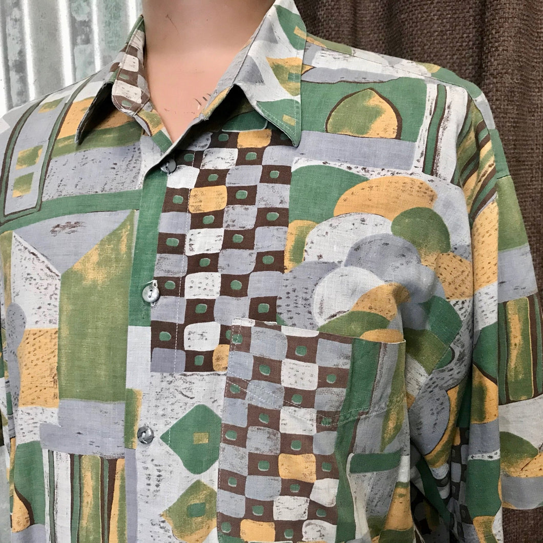 1990's Vintage S/S Shirt Abstract Design Grey Green Yellow Sz XXL - OOAK - Phoenix Menswear