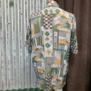 1990's Vintage S/S Shirt Abstract Design Grey Green Yellow Sz XXL - OOAK - Phoenix Menswear