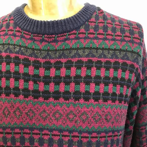 1990's Vintage Striped Jumper Burgundy Green Blue Sz XL - OOAK - Phoenix Menswear