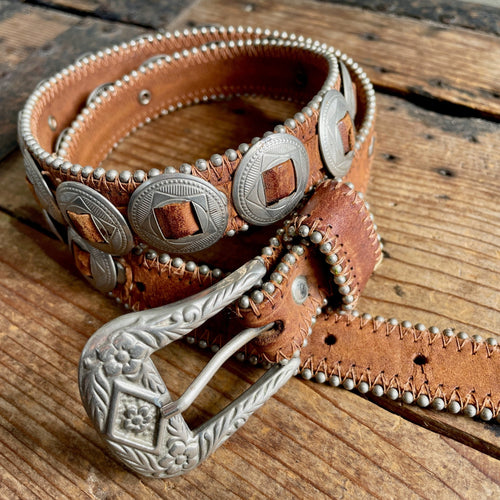 1990's Vintage Studded Tan Brown Leather Belt Silver Metal Detail & Ornate Buckle Sz S - OOAK - Phoenix Menswear