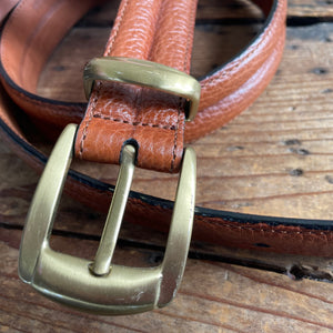 1990's Vintage Tan Brown Leather Belt Chunky Brass Buckle Sz L - OOAK - Phoenix Menswear
