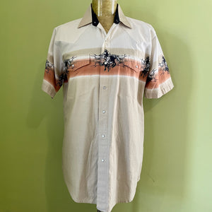 1990's Vintage Taupe Western S/S Shirt with Cowboy Border Print Sz L - OOAK - Phoenix Menswear