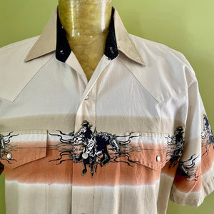 1990's Vintage Taupe Western S/S Shirt with Cowboy Border Print Sz L - OOAK - Phoenix Menswear