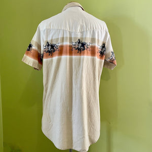 1990's Vintage Taupe Western S/S Shirt with Cowboy Border Print Sz L - OOAK - Phoenix Menswear