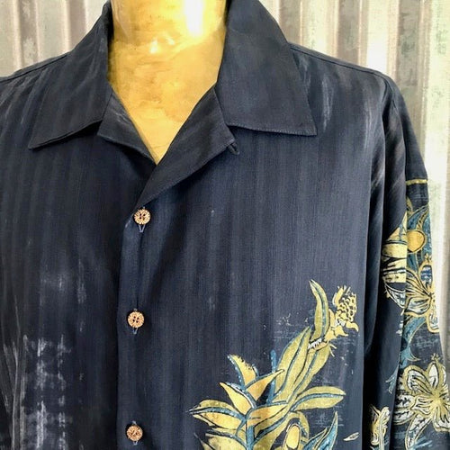 1990's Vintage Tommy Bahama Silk Hawaiian S/S Shirt Navy Blue Floral Art Print Sz XXL - OOAK - Phoenix Menswear