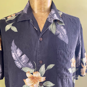 1990's Vintage Tommy Bahama Silk Hawaiian S/S Shirt Navy Blue Floral Print Sz M - OOAK - Phoenix Menswear