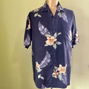 1990's Vintage Tommy Bahama Silk Hawaiian S/S Shirt Navy Blue Floral Print Sz M - OOAK - Phoenix Menswear