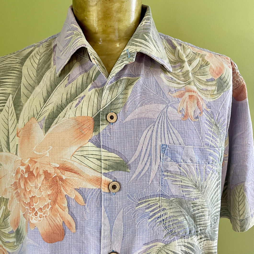 1990's Vintage Tommy Bahama Silk Hawaiian S/S Shirt Pale Blue