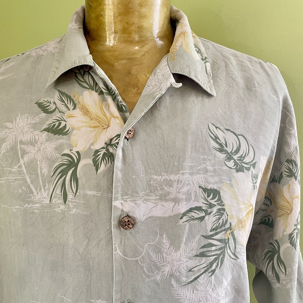 1990's Vintage Tommy Bahama Silk Hawaiian S/S Shirt Pale Gey Blue Floral Print Sz M - OOAK - Phoenix Menswear
